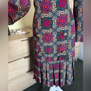 VINTAGE Drop Waist Pleated Unique Mixed Pattern Medallion Midi Modest Dress M-L